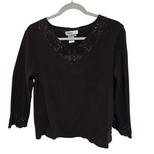 Coldwater Creek Beaded V Neck 3/4 Sleeve Brown Top Womens‎ Large
